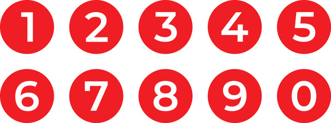 Poster - white numbers icon with red circle. from 0 to 9. number button vector illustration.