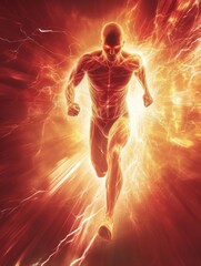 Poster - Dynamic figure of a running athlete surrounded by stylized lightning burst on a red background depicting energy and motion