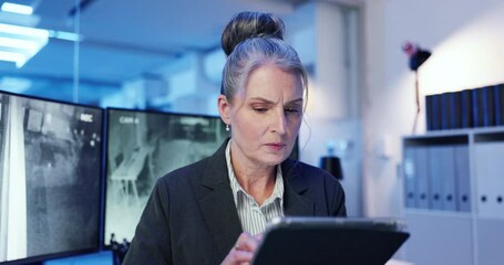 Poster - Computer screen, tablet or video with woman in CCTV control room for safety or security. Live feed, monitoring or surveillance footage with mature government agent at headquarters for law enforcement