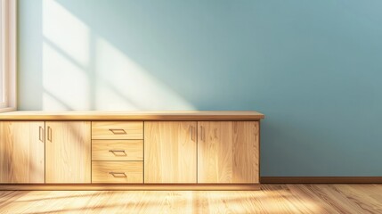 Fototapete - Bright office space showcasing a sleek wooden cabinet along a wall, bathed in warm sunlight. Clear blue backdrop accentuates modern design, creating an inviting work atmosphere