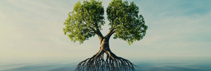 Fototapete - Tree symbolizes human lungs with expansive branches and deep roots, illustrating connection between nature and breath in serene landscape