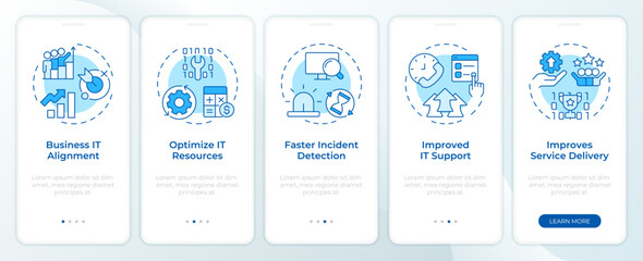 Wall Mural - IT management benefits blue onboarding mobile app screen. Walkthrough 5 steps editable graphic instructions with linear concepts. UI, UX, GUI. Montserrat SemiBold, Regular fonts used