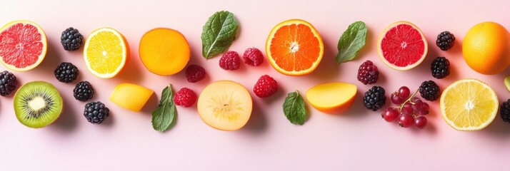 Aufkleber - Vibrant arrangement of fresh fruits and berries on a soft pastel background in a clean minimal style making a colorful display
