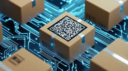 Qr code on cardboard box with circuit background