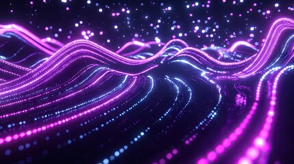 dynamic, glowing, swirling lines of purple and blue light create an abstract cosmic landscape.