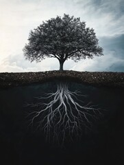 Leinwandbilder - Roots mimicking neural networks illustrate the connection between nature and organic intelligence in a serene landscape setting