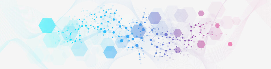 Wall Mural - modern science background with lines, dots and hexagons. wave flow abstract background. molecular st