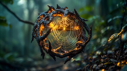Poster - Glowing anansi silk threads weave mystical web in enchanted forest nature photography dynamic perspective