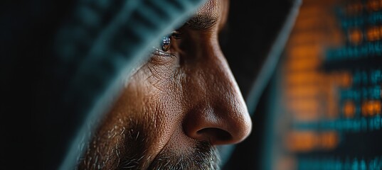 Wall Mural - close-up profile of a male coder working on digital code on a computer screen, data security concept
