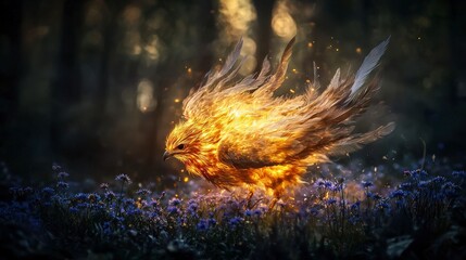 Aufkleber - Golden gullinbursti soaring through a flower field nature scene vibrant atmosphere dynamic viewpoint