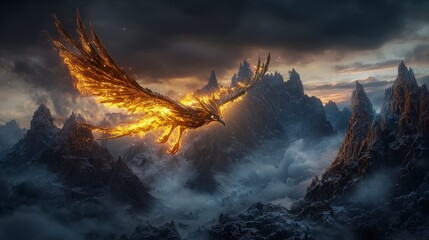 Wall Mural - majestic phoenix flying through twilight skies over majestic mountains digital art ethereal landscap