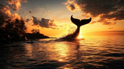 Poster - Whale tail emerging from sunset waters serene oceanic scene nature vibrant horizon majestic viewpoint