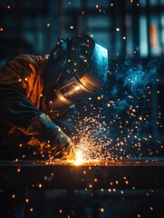 Aufkleber - Welder in action sparks flying in dark workshop illuminated by intense cinematic lighting