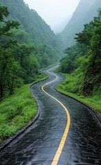 Wall Mural - Serene winding road surrounded by dense greenery and mist, creating a tranquil atmosphere in nature.