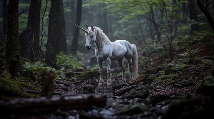 Wall Mural - Majestic unicorn encounter in enchanted forest fantasy art serene atmosphere mystic vibes