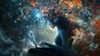 © Johannes - Image of a woman sitting in front of a laptop, surrounded by a swirling array of technological devices that seem to float or explode out of her, suggesting the complexity of life in technology or mul