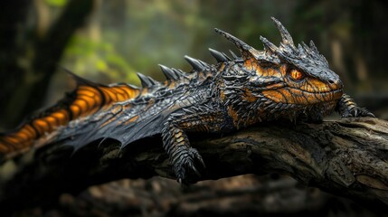 Poster - Majestic dragon resting on a fallen log in enchanted forest fantasy art mystical environment close-up view