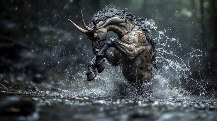 Poster - Mythical creature galloping through a river enchanted forest fantasy art misty atmosphere dramatic angle