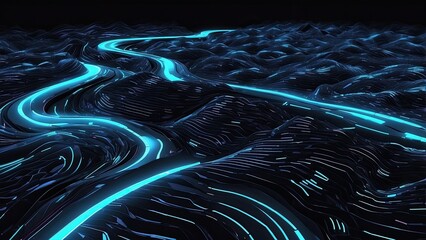 A futuristic, curving digital road composed of glowing blue binary code on a dark background