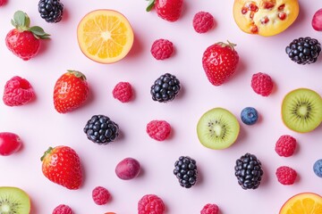 Fototapete - Vibrant array of fresh fruits and berries artfully arranged on a soft pastel background