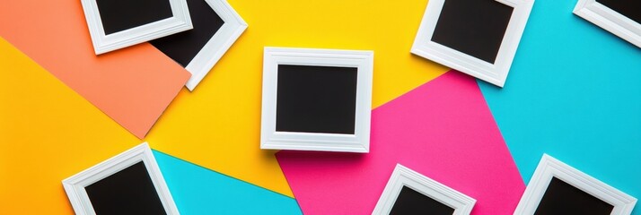 Aufkleber - Colorful flat surface showcasing scattered white Polaroid frames with ample copy space for creative use during artistic endeavors