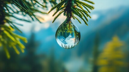 Poster - Transparent droplet reflects serene mountain and forest landscape with macro detail