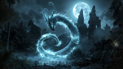 Aufkleber - Mystical naga weaving through moonlit jungle ruins enchanting fantasy scene ethereal environment dreamlike viewpoint