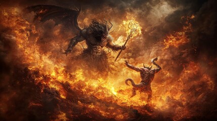 Poster - Garuda faces off against demon in fiery battle mythical realm digital artwork dramatic scene fantasy concept