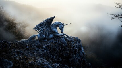 Poster - Peaceful pegasus resting in misty landscape fantasy art serene environment dreamy viewpoint