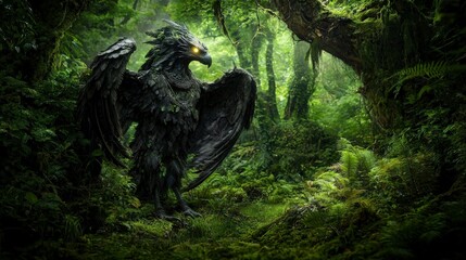 Leinwandbilder - Majestic garuda guardian enchanted forest fantasy art lush greenery close-up mystical presence