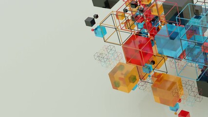 Fototapete - Complex arrangement of transparent and solid cubes in vibrant red, blue, and orange tones, forming a modern 3D geometric composition on a light background.
