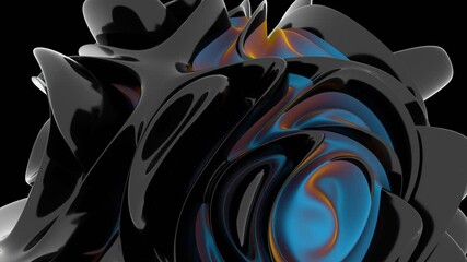 Leinwandbilder - A glossy black and blue swirl with hints of orange, forming a fluid, modern shape that merges reflection and color shifts in a dynamic 3D design.