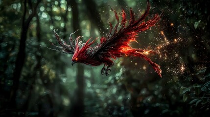 Aufkleber - Mythical phoenix soars through enchanted forest fantasy art digital creation mystical atmosphere captivating view