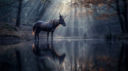 Wall Mural - Majestic unicorn standing in misty forest reflections enchanted nature scene dreamlike atmosphere serene viewpoint