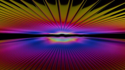 Leinwandbilder - Rainbow lines converge at the horizon, glowing in neon against a black backdrop, creating a dynamic wave pattern that merges illusions, technology, and synergy for a futuristic design.