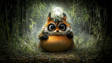 Fototapete - Adorable raccoon-like creature in bamboo forest whimsical art enchanted night playful perspective