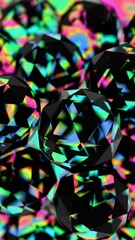 Poster - Black polyhedral shapes with vibrant, iridescent surfaces floating on a black background, merging illusions, technology, and wave pattern in a futuristic design.