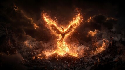Poster - Mythical phoenix rising from flames fantasy realm digital art dark atmosphere dramatic angle rebirth concept