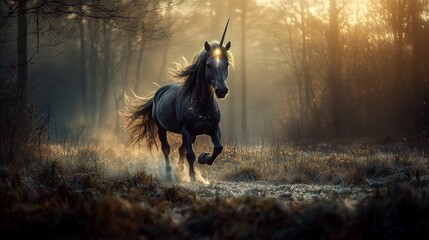 Wall Mural - mystical unicorn galloping through enchanted forest nature scene serene atmosphere dreamy viewpoint
