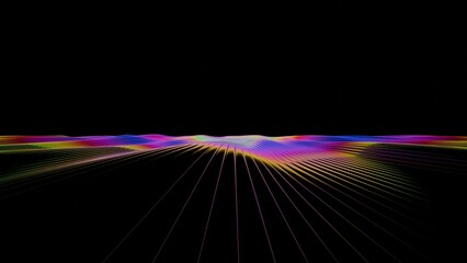 Aufkleber - Vibrant rainbow lines radiate across a dark background, forming a fluid wave-like surface with bright gradient stripes, evoking a dynamic and futuristic design..