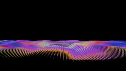 Aufkleber - Vibrant rainbow lines radiate across a dark background, forming a fluid wave-like surface with bright gradient stripes, evoking a dynamic and futuristic design..