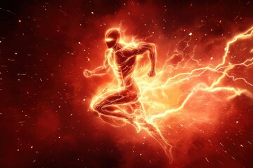 Fototapete - Stylized lightning energy burst surrounds muscular figure in dynamic red background while running swiftly in a powerful display of motion