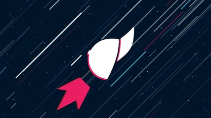 Wall Mural - Baseball cap symbol flies through the universe on a jet propulsion. The symbol in the center is shaking due to high speed. Seamless looped 4k animation on dark blue background with stars