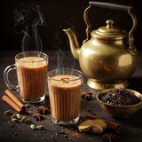 indian masala chai or tea in traditional glasses, with kettle, spices and tea leaves on dark, wooden background.