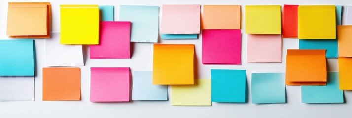 Poster - Sticky notes and paper tabs arranged neatly on a white desk background in a creative workspace