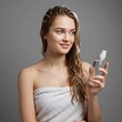 © Ngoc - Young girl lady taking shower bath with bath gel shampoo. Caucasian woman in bath spa towel holding beauty treatment bottle isolated in grey background. Hair and body care