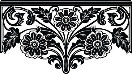 Vintage black and white floral vector design element with ornate leaf pattern creates an elegant decorative swirl illustration