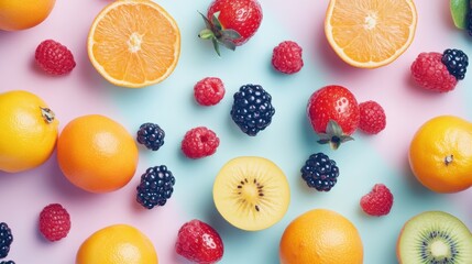 Aufkleber - Vibrant composition of fresh fruits and berries arranged artistically on a soft pastel background ideal for healthy lifestyle concepts