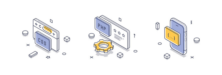 Wall Mural - colorful isometric line icons illustrating essential web development technologies such as css and ph