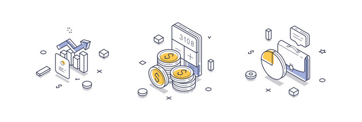 Wall Mural - Detailed isometric line icons illustrate key aspects of financial reports, including charts, coins, and calculators. Icons provide a modern touch to infographics in finance